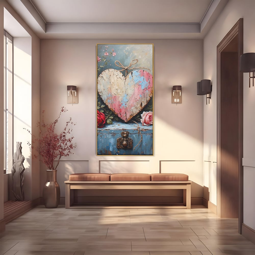 Tablou canvas cu tablou canvas cu inima din lemn si flori, in rama de aluminiu auriu
